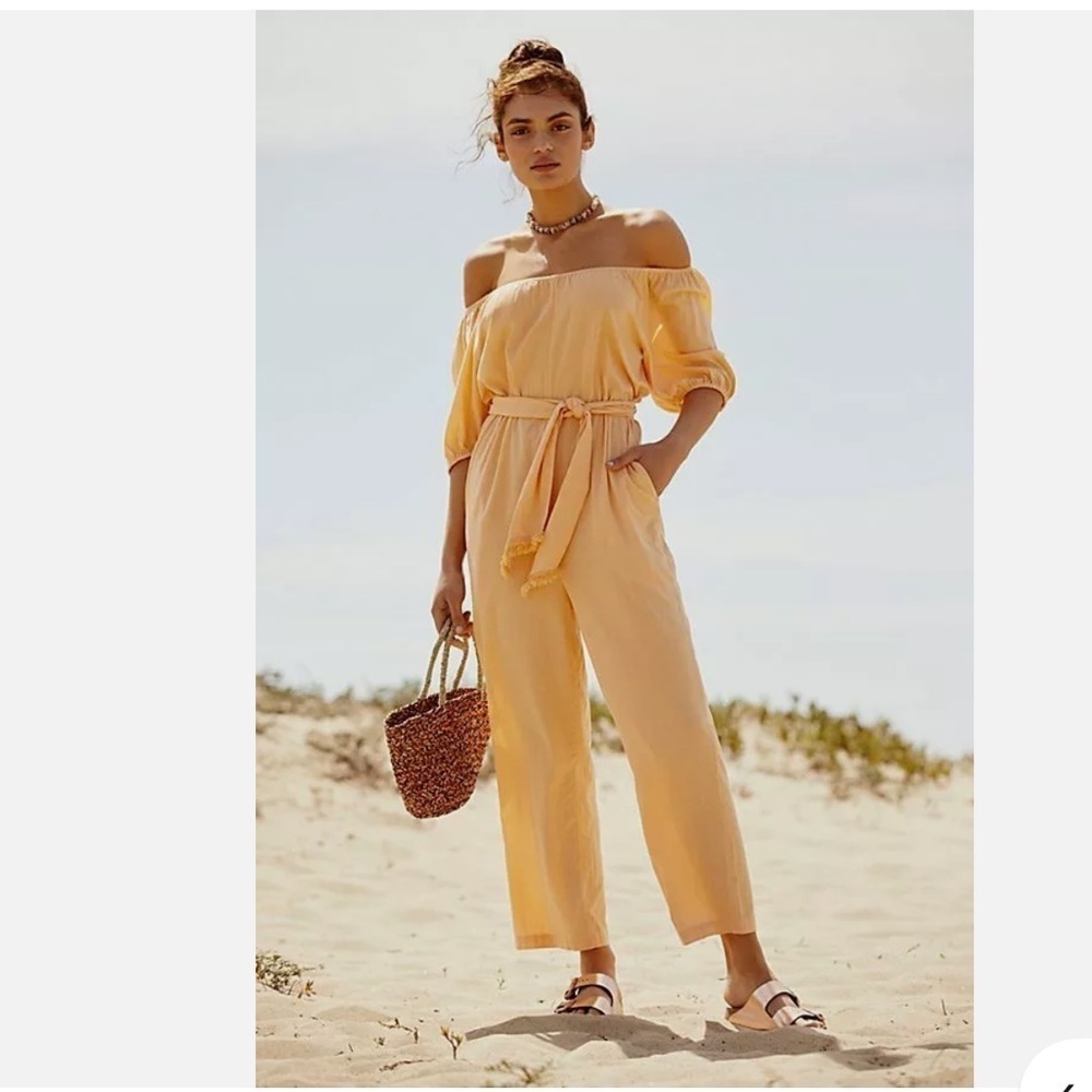 Free People Nalani Off-The-Shoulder Linen Blend Jumpsuit Orange  Size x Small